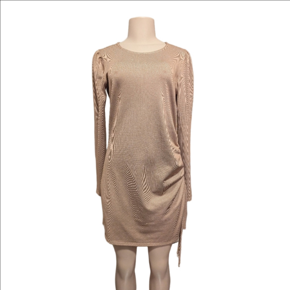 Shabby Chic Fold Metallic Dress Knee Length Rouching‎ Design Long Sleeve Size M